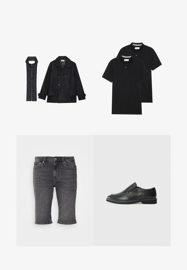 Abrigo de lana negra con botones de doble fila y gran cuello, combinado con un chaleco negro acolchado sin mangas con cierre de cremallera.; Dos camisetas polo negras, de manga corta, de material de algodón, que presentan un cuello clásico, una tapeta de dos botones y acentos de rayas blancas en el interior del cuello.; Pantalones cortos de mezclilla gris oscuro con corte recto, diseño de cinco bolsillos y dobladillos enrollados. Presenta un botón de metal y sutiles detalles de costura.; Zapato negro de cuero sin cordones con un upper suave, detalles de costura, punta redonda y un bajo tacón de goma. La suela presenta una tracción mínima.