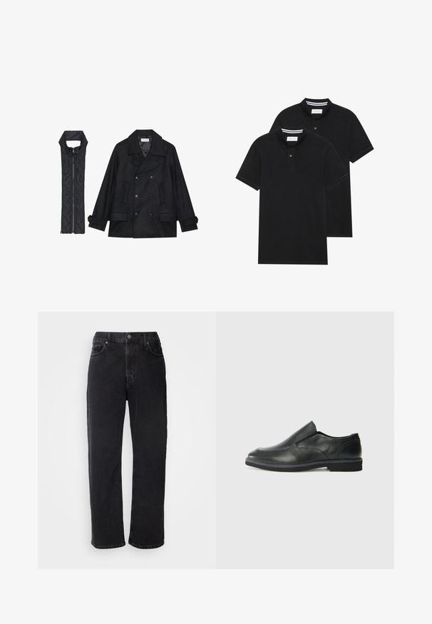 Schwarzer wollener Peacoat mit doppelt geknöpften Knöpfen und großem Kragen, kombiniert mit einer ärmellosen schwarzen gesteppte Weste mit Reißverschluss.; Zwei schwarze Polohemden, kurzärmlig, aus Baumwolle, mit einem klassischen Kragen, zwei Knöpfen und weißen Streifenakzenten im Inneren des Kragens.; Schwarze Jeans aus Denim mit geradem Schnitt, fünf Taschen und kontrastierenden Nähten. Verfügt über einen Knopfverschluss und Gürtelschlaufen am Taillenbund.; Schwarze Leder-Slipper mit glattem Obermaterial, gesteppten Akzenten, runder Zehenpartie und niedrigem Gummiabsatz. Die Sohle hat ein minimales Profil.