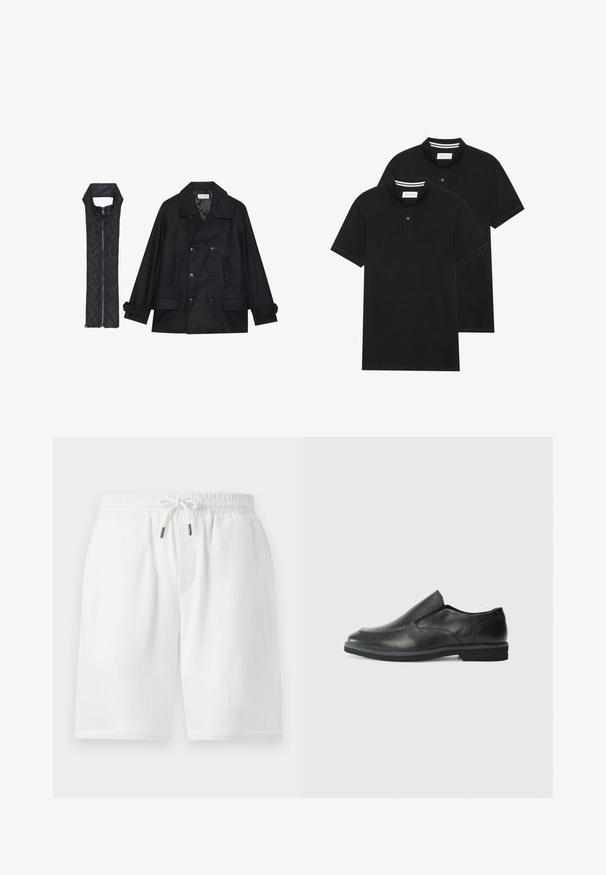 Abrigo de lana negra con botones de doble fila y gran cuello, combinado con un chaleco negro acolchado sin mangas con cierre de cremallera.; Dos camisetas polo negras, de manga corta, de material de algodón, que presentan un cuello clásico, una tapeta de dos botones y acentos de rayas blancas en el interior del cuello.; Pantalones cortos blancos, texturizados, con cinturilla elástica, cierre de cordón, bolsillos laterales y un ajuste relajado. Adecuados para el uso casual.; Zapato negro de cuero sin cordones con un upper suave, detalles de costura, punta redonda y un bajo tacón de goma. La suela presenta una tracción mínima.
