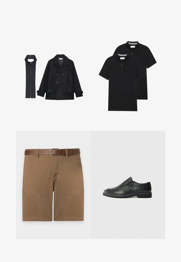 Zwarte wollen peacoat met dubbele knopen en grote kraag, gecombineerd met een mouwloze zwarte gewatteerde vest met ritssluiting.; Twee zwarte polo shirts, met korte mouwen, van katoen, met een klassieke kraag, een knoopsluiting met twee knopen en witte gestreepte accenten aan de binnenkant van de kraag.; Bruine katoenen shorts met een gestructureerd oppervlak, voorzien van een bruine leren riem met een zilverkleurige gesp en een klassieke rechte snit.; Zwarte leren instapper met een soepele bovenkant, gestikte accenten, ronde neus en een lage rubberen hak. De zool heeft minimale profiel.