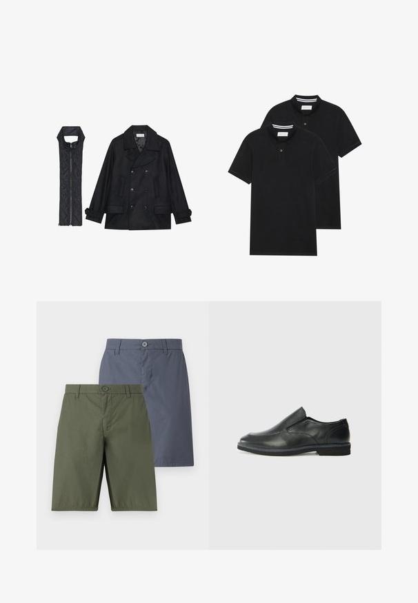 Čierny vlnený peacoat s dvojradovým zapínaním a veľkým golierom, skombinovaný s čiernou prešívanou vestou bez rukávov s rázporkom na zips.; Dvé čierne polo tričká, krátke rukávy, vyrobené z bavlny, s klasickým golierom, dvojitým gombíkom a bielymi pruhmi vo vnútri goliera.; Dva páry šortiek: jedny olivovo zelené a jedny námorníckomodré. Oba majú zapínanie na gombík, rovný strih a hladkú tkaninu so slabým leskom.; Čierny kožený nazúvací topánka s hladkým zvrškom, prešitými akcentmi, zaoblenou špičkou a nízkym gumovým podpätkom. Podošva má minimálny dezén.