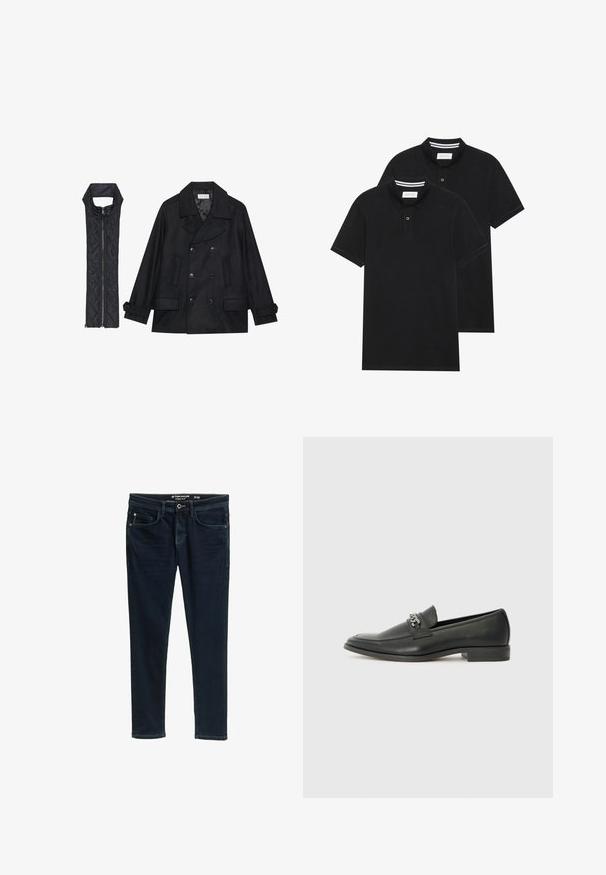 Fekete gyapjú peacoat dupla gombolással és nagy gallérral, melyet egy ujjatlan fekete steppelt mellénnyel párosítanak, amely cipzárral záródik.; Két fekete pólóing, rövid ujjú, pamut anyagból készült, klasszikus gallérral, két gombos gombolással, és fehér csíkos díszítéssel a gallér belső részén.; Sötétkék, karcsú fazonú farmernadrág öt zsebbel, gombos záródással és finom koptatással az elején.; Fekete bőr loaferek sima felülettel, varrott mintával és díszítő fém lánccal a cipő elején. Lapos sarok.