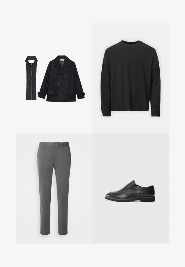 Zwarte wollen peacoat met dubbele knopen en grote kraag, gecombineerd met een mouwloze zwarte gewatteerde vest met ritssluiting.; Zwarte longsleeve T-shirt van katoen, met een ronde halslijn, een losse pasvorm en geribbelde boorden. Glad oppervlak zonder zichtbare patronen.; Grijze, op maat gemaakte broek van zachte stof met een gladde textuur, voorzakken en een enkele knoopsluiting aan de tailleband.; Zwarte leren instapper met een soepele bovenkant, gestikte accenten, ronde neus en een lage rubberen hak. De zool heeft minimale profiel.