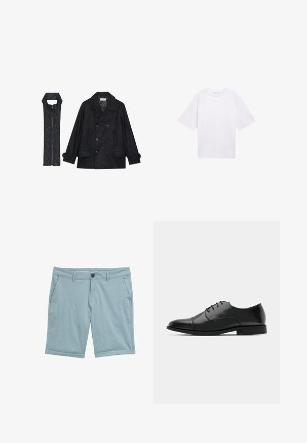 Cappotto di panno nero con bottoni doppi e colletto ampio, abbinato a un gilet senza maniche in tessuto trapuntato nero con chiusura a zip.; T-shirt bianco a maniche corte in cotone. Vestibilità rilassata con colletto a girocollo. Texture liscia e senza motivi o accenti visibili.; Pantaloni corti azzurri realizzati in tessuto con una texture liscia. Presentano una chiusura a bottone, passanti per la cintura e orli arrotolati.; Scarpa da uomo in pelle nera con punta rotonda, design con lacci, dettagli di cucitura discreti e tacco basso. Texture liscia con finitura lucida.