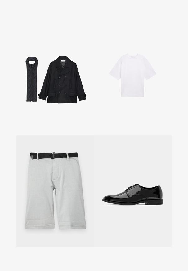 Black woolen peacoat with double-breasted buttons and large collar, paired with a sleeveless black quilted vest featuring a zip closure.; White short-sleeve T-shirt made of cotton. Relaxed fit with a crew neckline. Smooth texture and no visible patterns or accents.; Light gray shorts with a textured fabric, featuring a black adjustable belt and two side pockets, hemmed at the knee with a straight cut.; Black patent leather dress shoe with a rounded toe, lace-up design, and smooth, shiny surface. Features a low-profile rubber sole.