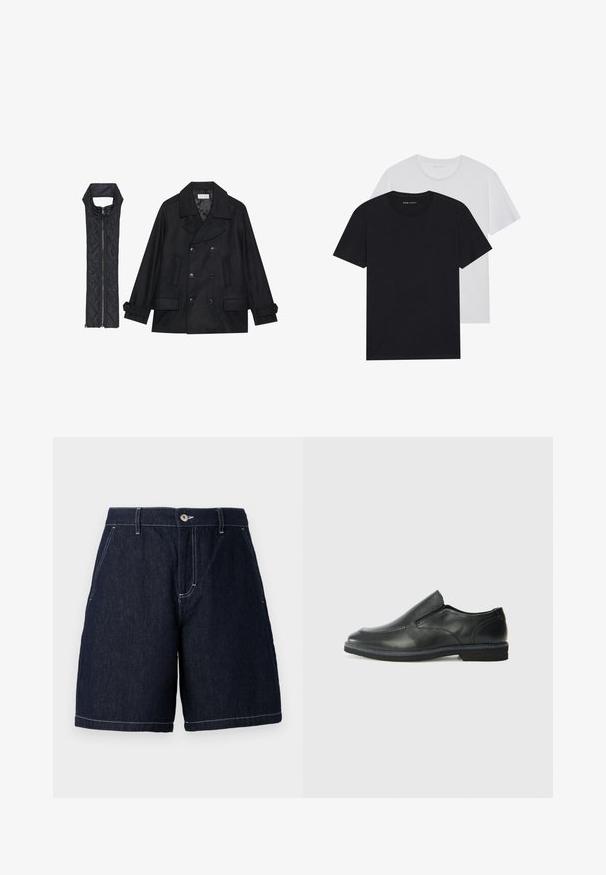 Juodas vilnonis pikoatė su dvigubais mygtukais ir dideliu apykakle, derinamas su juodu be rankovių pūkine liemene su užtrauktuku.; Juodos ir baltos spalvos apvalaus kaklo marškiniai, trumpomis rankovėmis, pagaminti iš medvilnės, lygus paviršius, su prekės ženklu ant kaklo.; Tamsūs džinsiniai šortai su tiesiu kirpimu. Yra sagos uždarymas, priekinės kišenės ir kontrastingos baltos siūlės aplink kraštus.; Juodai odiniai įtvirtinimo batai su lygiu paviršiumi, siuvinėjimo akcentais, apvalia nosimi ir žemu guminiu kulnu. Pado raštas minimalus.