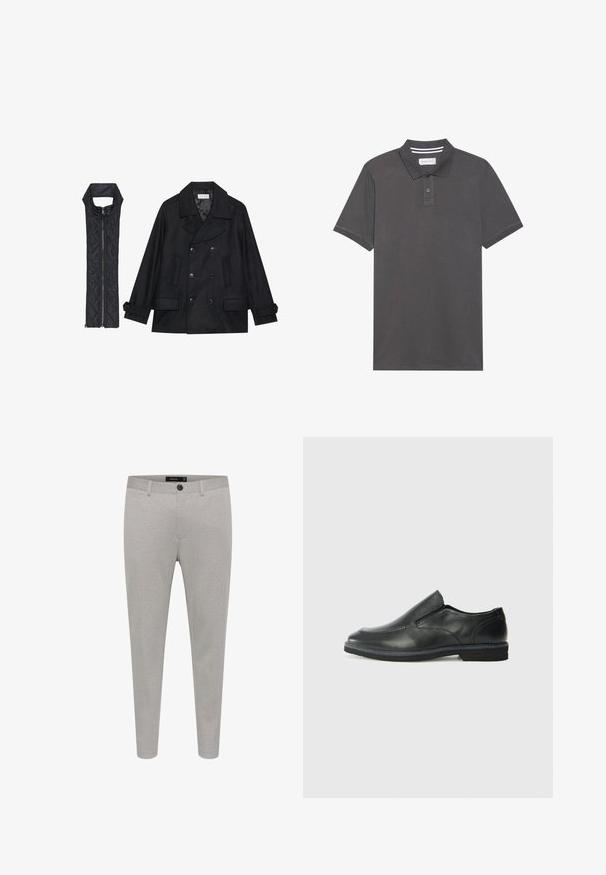 Melnā vilnas jaka ar dubulto pogu rindas un lielu apkakli, apvienota ar bez piedurknēm melnu piepūšamā vesta ar rāvējslēdzēju.; Tumši pelēks polo krekls, izgatavots no kokvilnas, ar apkakli, trīs pogām un īsām piedurknēm ar nelielu tekstūru.; Gai pelēki pielāgoti bikses, kas izgatavotas no teksturēta auduma, ar pogu aizdari, sānu kabatām un šaura piegriezuma dizainu.; Melnas ādas slip-on kurpes ar gludu augšdaļu, izšūtām akcentiem, noapaļotu purngala daļu un zemu gumijas papēdi. Zole ar minimālu rakstu.