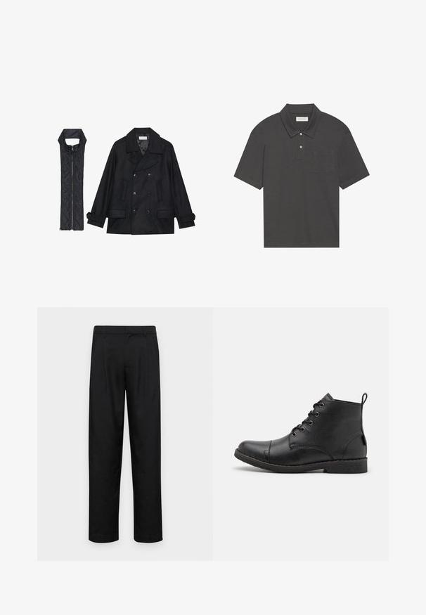 Casaco de lã preto com botões duplos e gola grande, combinado com um colete acolchoado preto sem mangas com fecho de correr.; Polo cinza escuro com colarinho tradicional, pala de três botões, mangas curtas e um bolso no lado esquerdo do peito. Textura do tecido suave.; Calças pretas feitas de tecido suave, com um design de perna reta, dois pregas frontais e uma cintura padrão com passantes para cinto.; Botas de tornozelo em couro preto com uma superfície texturizada, biqueira redonda, seis ilhós para cordões e uma pequena alça na parte de trás.