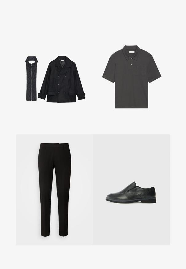 Manteau en laine noir à double boutonnage et grand col, associé à un gilet matelassé sans manches noir avec fermeture éclair.; Polo shirt gris foncé avec un col traditionnel, une patte de boutonnage à trois boutons, des manches courtes et une poche sur la poitrine gauche. Tissu au toucher lisse.; Pantalons noirs avec un design à jambes droites, dotés d'une fermeture à boutons, de passants de ceinture et d'une texture de tissu lisse. Pas de motifs ou d'accents visibles.; Chaussure slip-on en cuir noir avec une tige lisse, des accents cousus, un bout arrondi et un petit talon en caoutchouc. La semelle présente un profil de traction minimal.