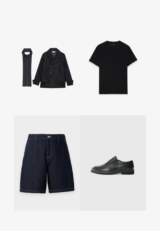 Črn volnen plašč z dvojnimi gumbi in velikim ovratnikom, v kombinaciji z brezrokavnikom iz črnega prešitega materiala z zadrgo.; Črna majica s kratkimi rokavi iz teksturiranega blaga, z belimi poudarki na manšetah. Okrogli izrez, sproščen kroj.; Temno modri kratki hlače s ravnim rezom. Imajo gumbasto zapiranje, sprednje žepe in kontrastno belo šivanje ob robovih.; Črne usnjene natikače z gladkim zgornjim delom, prišitimi detajli, zaobljenim nosom in nizkim gumijastim petkom. Podplat ima minimalen profil.