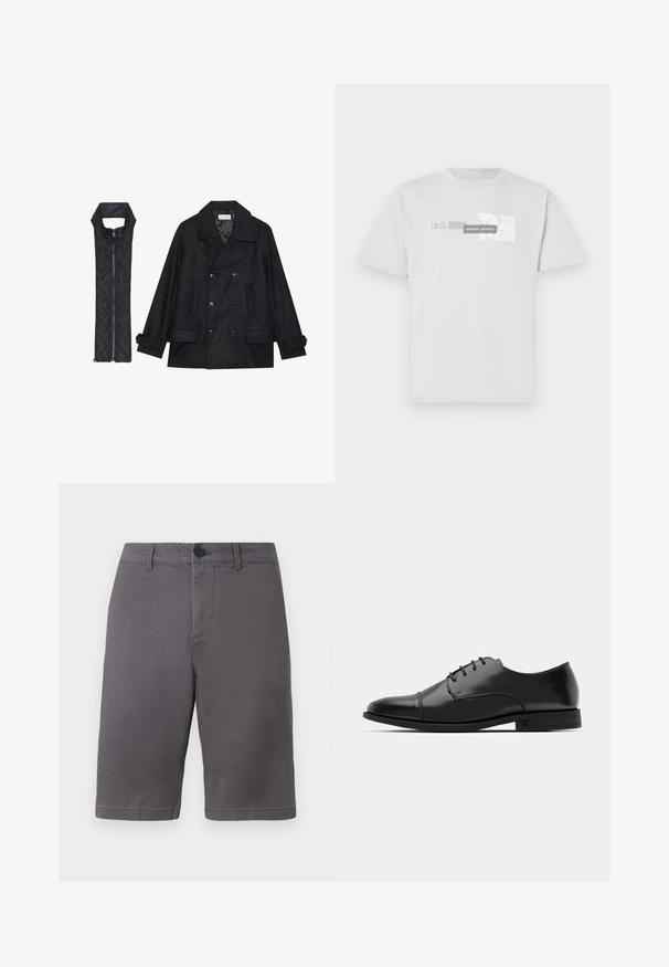 Black woolen peacoat with double-breasted buttons and large collar, paired with a sleeveless black quilted vest featuring a zip closure.; White cotton t-shirt featuring a graphic print with "NORTHERN AESTHETICS," and "EST. 2007" in gray. Classic crew neck, short sleeves.; Gray shorts made of cotton blend fabric, featuring a button closure, side pockets, and a clean, straight-cut design.; Black leather dress shoe with a rounded toe, lace-up design, subtle stitching details, and a low heel. Smooth texture with polished finish.