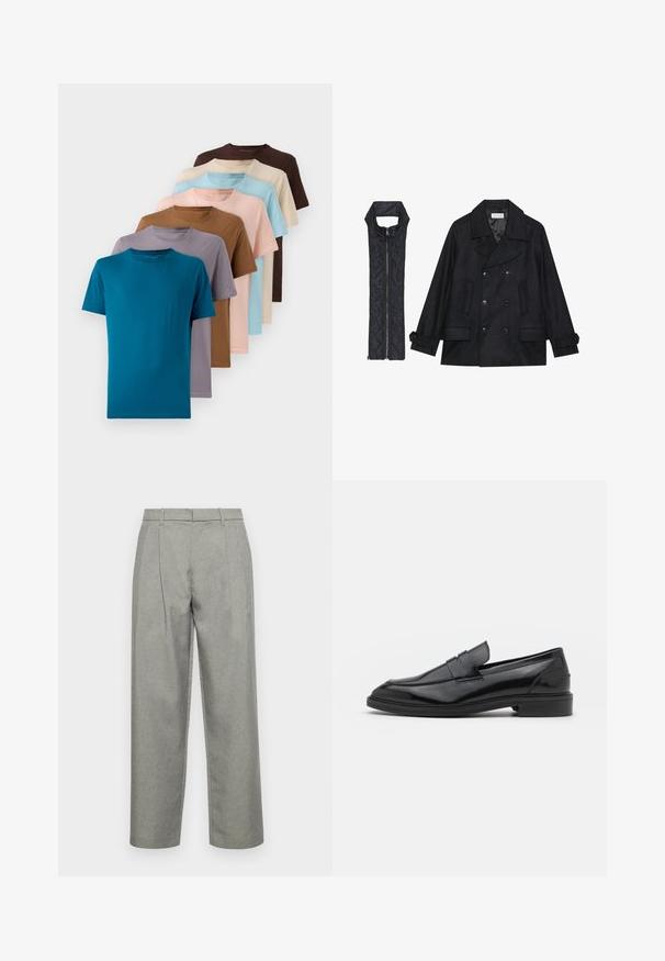 Sort uld peacoat med dobbeltradede knapper og stor krave, parret med en ærmeløs sort quiltet vest med lynlås.; Sæt af otte rundhalsede t-shirts i forskellige farver: teal, brun, beige, lyseblå, lyserød, grå og lavendel, lavet af glat stof.; Grå skræddersyede bukser lavet af struktureret stof, med lige ben-design, frontfolder og en standard talje med bæltesløjfer.; Sorte læder loafers med en glat overflade, der har en rund tå og en smal bånd over det øverste. Lav stablet hæl.