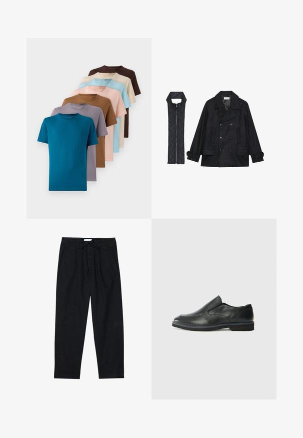 Crni vuneni kaput s dvostrukim kopčanjem i velikim ovratnikom, uparen s crnim bezrukavnim jaknom od mrežastog materijala sa zatvaračem na patent.; Set od osam majica s okruglim izrezom u raznim bojama: teget, smeđa, bež, svijetloplava, svijetloružičasta, siva i lavanda, izrađene od glatkog materijala.; Pier One Chino hlače - black; Crne kožne cipele na sklapanje s glatkom gornjom površinom, prošivenim detaljima, zaobljenim vrhom i niskim gumene potplate. Potplat ima minimalne uzorke.