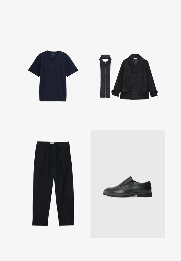 Abrigo de lana negra con botones de doble fila y gran cuello, combinado con un chaleco negro acolchado sin mangas con cierre de cremallera.; Camisa henley de manga corta en color marino con rayas texturizadas, tapeta de tres botones y cuello redondeado. La tela es suave y ligera.; Pier One Pantalones chinos - black; Zapato negro de cuero sin cordones con un upper suave, detalles de costura, punta redonda y un bajo tacón de goma. La suela presenta una tracción mínima.