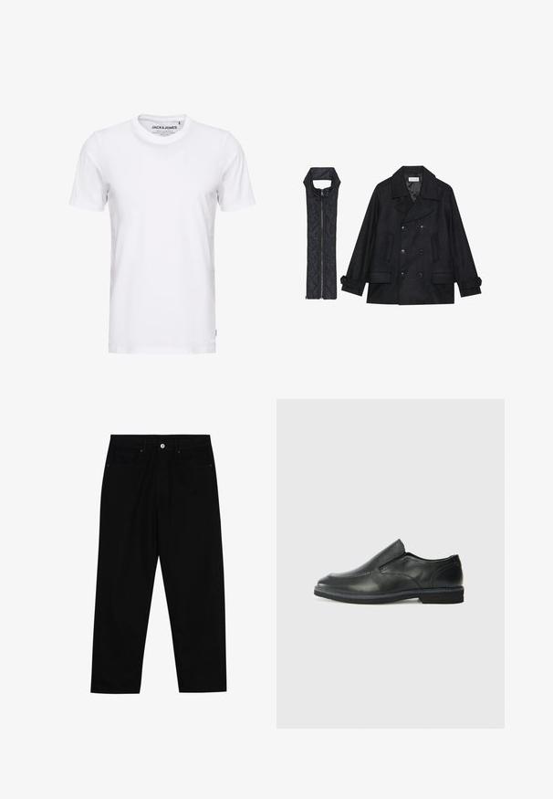 Zwarte wollen peacoat met dubbele knopen en grote kraag, gecombineerd met een mouwloze zwarte gewatteerde vest met ritssluiting.; Witte korte mouwen t-shirt van katoen, met een ronde hals en een eenvoudig ontwerp. Merktag zichtbaar op het nekgebied. Geen patronen of accenten.; Zwarte denim broek met een recht gesneden pasvorm, vijf gebruikersvriendelijke zakken en een sluiting met een knoop aan de voorkant. Soepele textuur met minimale stikdetails.; Zwarte leren instapper met een soepele bovenkant, gestikte accenten, ronde neus en een lage rubberen hak. De zool heeft minimale profiel.