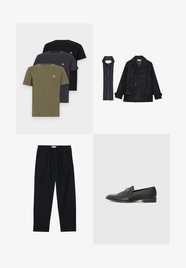 Fekete gyapjú peacoat dupla gombolással és nagy gallérral, melyet egy ujjatlan fekete steppelt mellénnyel párosítanak, amely cipzárral záródik.; Három rövid ujjú póló olajzöld, sötétszürke és fekete színben. Puha pamutból készült, mindegyik kis logót tartalmaz a mellkason.; Pier One Vászonnadrágok - black; Fekete bőr loaferek sima felülettel, varrott mintával és díszítő fém lánccal a cipő elején. Lapos sarok.
