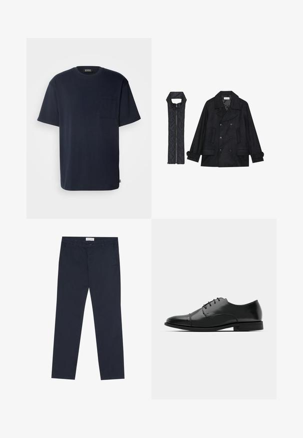 Μαύρο μάλλινο παλτό με διπλό κούμπωμα και μεγάλο γιακά, συνδυασμένο με ένα αμάνικο μαύρο καπιτονέ γιλέκο που διαθέτει φερμουάρ.; Σακάκι ναυτικού μπλε χρώματος, κοντομάνικο, κατασκευασμένο από μαλακό βαμβάκι. Διαθέτει τσέπη στο στήθος και χαλαρή εφαρμογή με καμπυλωτό στρίφωμα. Κλασική στρογγυλή λαιμόκοψη.; Ναυτικό μπλε chinos φτιαγμένα από βαμβάκι με λεία υφή, διαθέτοντας φερμουάρ, θηλιές ζώνης και πλάγιες τσέπες για λειτουργικότητα.; Μαύρο δερμάτινο παπούτσι με στρογγυλή μύτη, σχέδιο με κορδόνια, διακριτές ραφές και χαμηλό τακούνι. Λείο υφή με γυαλιστερή φινίρισμα.