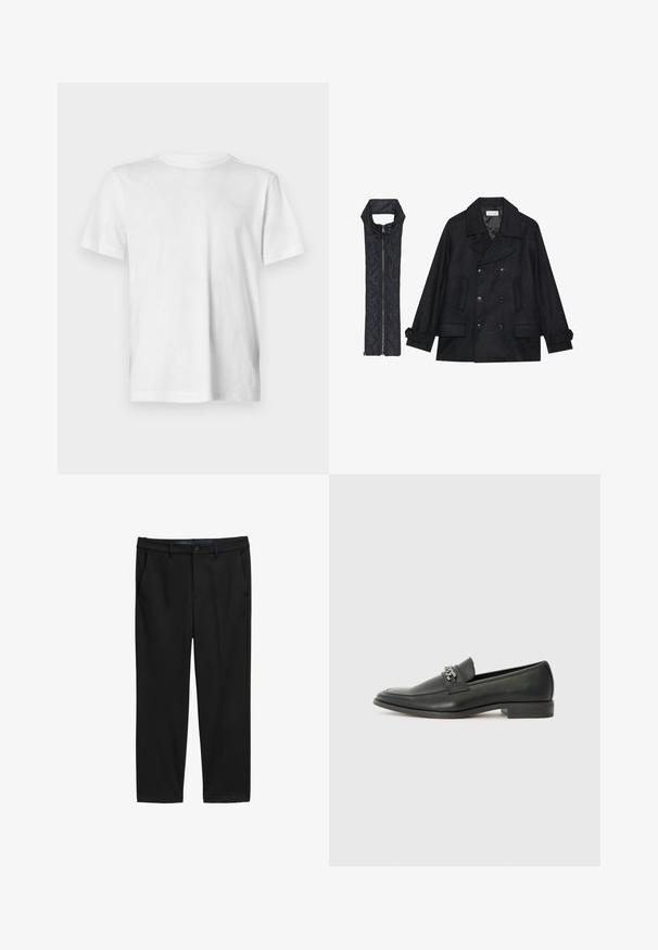 Abrigo de lana negra con botones de doble fila y gran cuello, combinado con un chaleco negro acolchado sin mangas con cierre de cremallera.; Camiseta blanca de manga corta hecha de algodón suave, con cuello redondo y un sutil detalle de logotipo en relieve en el lado izquierdo del pecho.; Pantalones negros de corte recto, hechos de una tela texturizada. Presenta dos bolsillos frontales y un cierre de botón en la cintura.; Mocasín de cuero negro con un acabado suave, que cuenta con un diseño de costura y un acento decorativo de cadena de metal en el empeine. Tacón plano.