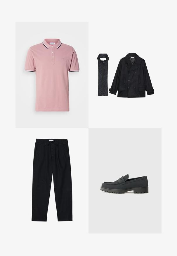 Casaco de lã preto com botões duplos e gola grande, combinado com um colete acolchoado preto sem mangas com fecho de correr.; Camisa polo rosa com uma pala de dois botões, colarinho canelado com riscas em azul-marinho e branco, e um logótipo subtil bordado no peito.; Pier One Chinos - black; Sapatilha loafer preta com um acabamento liso e mate, apresentando uma ponta arredondada e uma sola espessa e texturizada. Acentuada com uma faixa na parte da frente.