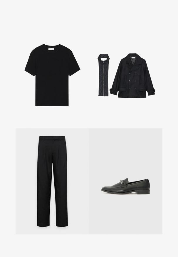 Juodas vilnonis pikoatė su dvigubais mygtukais ir dideliu apykakle, derinamas su juodu be rankovių pūkine liemene su užtrauktuku.; Juodas trumpomis rankovėmis marškinėliai, pagaminti iš grublėtos medžiagos, su apykakle ir paprasta, stačiakampio formos siluetu.; Juodi kelnių modeliai, pagaminti iš lygios medžiagos, turi tiesią kojas, du priekiniai klostės ir standartinę juosmenį su diržo kilpomis.; Juodos odinės loafer tipo bateliai su lygiu paviršiumi, turintys siuvinėtą dizainą ir dekoratyvų metalo grandinėlės akcentą ant batų viršaus. Plokščias kulnas.