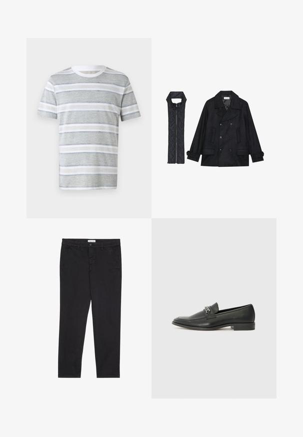 Černý vlněný kabát s dvojitými knoflíky a velkým límcem, doplněný bezrukávovou černou prošívanou vestou se zapínáním na zip.; Pruhované tričko s krátkým rukávem v světle šedé a bílé barvě. Má horizontální pruhy, kulatý výstřih a jemnou texturu. Jednoduchý design.; Černé bavlněné kalhoty s úzkým střihem, které mají dvě boční kapsy a přední zapínání na knoflík. Texturovaná tkanina s jemnými detaily.; Černé kožené mokasíny s hladkým povrchem, s prošívaným designem a dekoračním kovovým řetízkem přes nárt. Plochý podpatek.