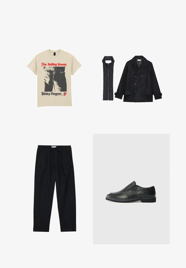 Černý vlněný kabát s dvojitými knoflíky a velkým límcem, doplněný bezrukávovou černou prošívanou vestou se zapínáním na zip.; Béžové bavlněné tričko s grafickým designem džínů a zipu. Nápis "The Rolling Stones" je červený a "Sticky Fingers" černý.; Pier One Chino kalhoty - black; Černá kožená nazouvací bota s hladkým svrškem, prošívanými detaily, zaoblenou špičkou a nízkým gumovým podpatkem. Podešev má minimální vzorek.