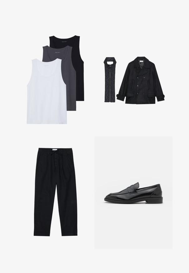 Black woolen peacoat with double-breasted buttons and large collar, paired with a sleeveless black quilted vest featuring a zip closure.; Three tank tops displayed: one white, one dark gray, and one black. Made of soft fabric with rounded necklines and no prominent patterns.; Pier One Chinos - black; Black leather loafers with a smooth finish, featuring a rounded toe and a narrow band across the upper. Low stacked heel.