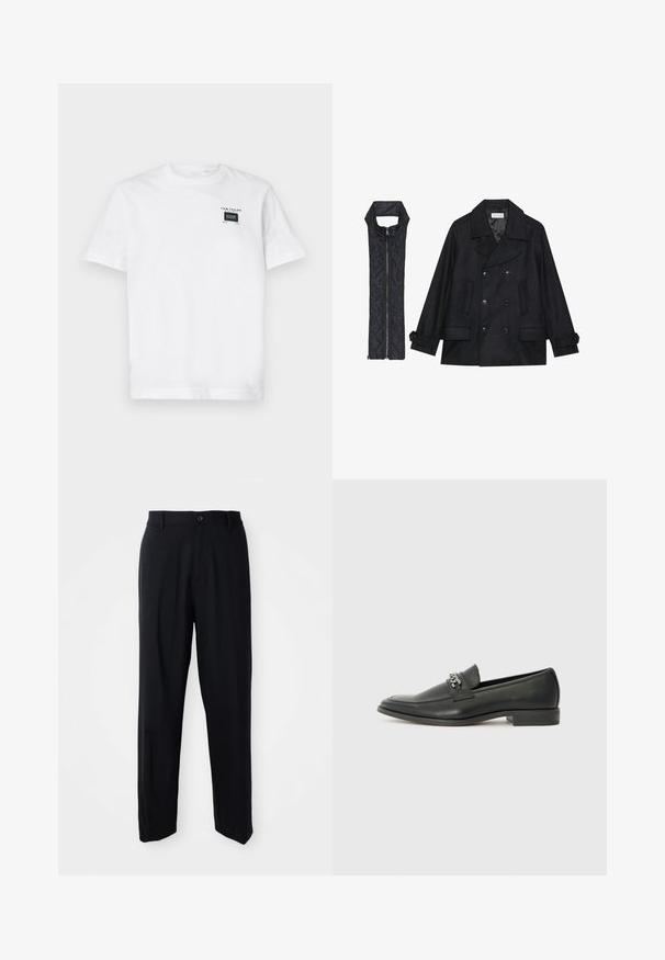 Black woolen peacoat with double-breasted buttons and large collar, paired with a sleeveless black quilted vest featuring a zip closure.; White cotton t-shirt featuring a crew neck and short sleeves. The front has a small black label with text and rectangular design.; Black straight-leg trousers with belt loops, button closure, and a sleek, minimal design on a neutral background.; Black leather loafer with a smooth finish, featuring a stitched design and a decorative metal chain accent across the vamp. Flat heel.