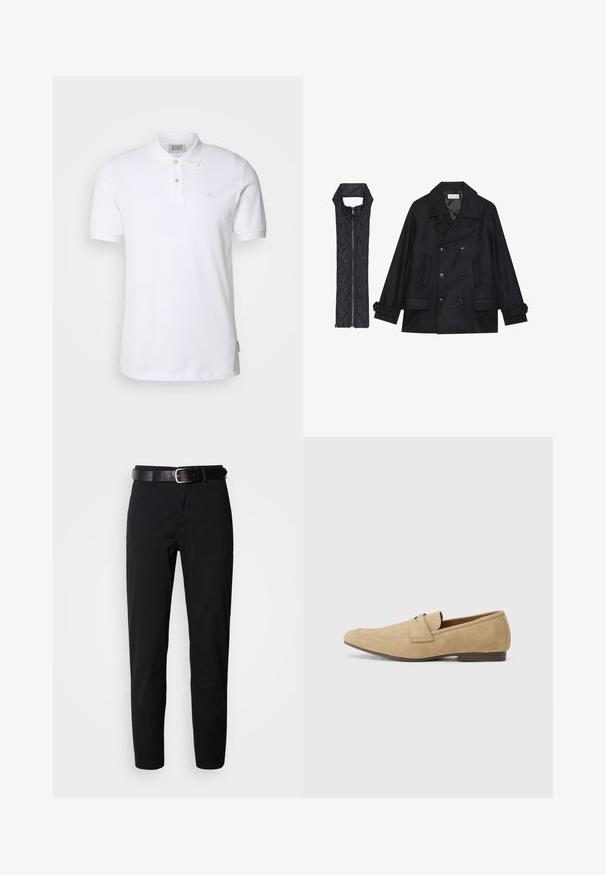 Čierny vlnený peacoat s dvojradovým zapínaním a veľkým golierom, skombinovaný s čiernou prešívanou vestou bez rukávov s rázporkom na zips.; Biela bavlnená polo košeľa s klasickým golierom, dvojitým zapínaním na gombíky a malým výšivným logom na hrudi. Krátke rukávy a rovný lem.; Čierne nohavice so stright strihom, s hladkou štruktúrou a čiernym koženým opaskom so striebornou prackou. Jednoduchý dizajn, bez vzorov alebo akcentov.; Bežové semišové mokasíny s jemným leskom, s okrúhlou špičkou, dizajnom na zloženie a nízkym hnedým podpätkom. Jemné detaily v šití.