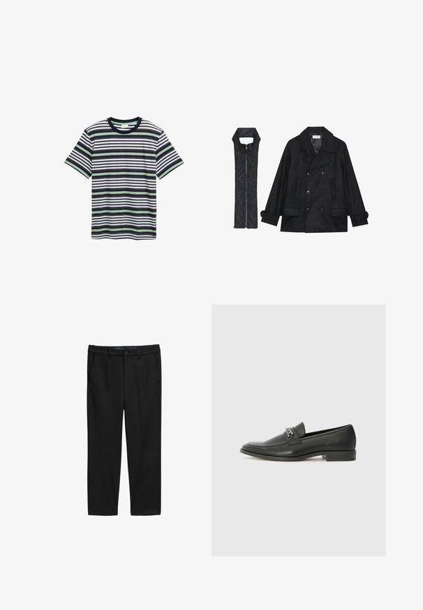 Črn volnen plašč z dvojnimi gumbi in velikim ovratnikom, v kombinaciji z brezrokavnikom iz črnega prešitega materiala z zadrgo.; Prazna majica s črtami v mornarski modri, beli in zeleni barvi. Ima okroglo ovratnik, kratke rokave in različne horizontalne črte po tkanini.; Črne hlače ravnega kroja, narejene iz teksturirane tkanine. Imajo dve sprednji žep in gumbasto zapiranje v pasu.; Črni usnjeni loafer z gladko površino, ki ima šivano zasnovo in dekorativni kovinski verižni naglas preko vampirja. Ravno peto.