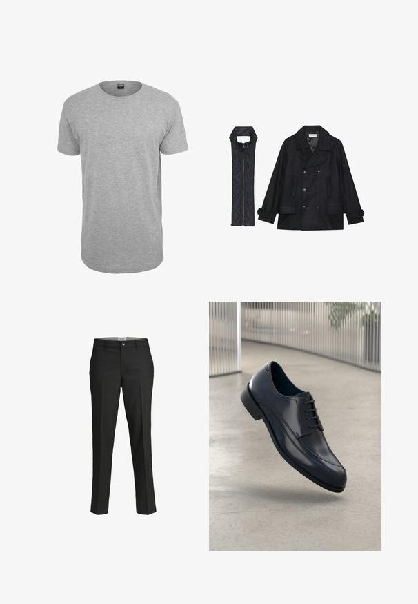 Abrigo de lana negra con botones de doble fila y gran cuello, combinado con un chaleco negro acolchado sin mangas con cierre de cremallera.; Camiseta de algodón gris de cuello redondo con mangas cortas, dobladillo recto y una textura suave; con una mínima marca visible en el cuello.; Pantalones negros, corte entallado, tejido suave, cintura de altura media, cierre frontal de botón, bolsillos diagonales y detalles de pliegues a lo largo de las piernas.; Zapato de vestir de cuero negro brillante con cordones, flotando sobre un suelo liso de color gris claro y con barras metálicas verticales en el fondo.