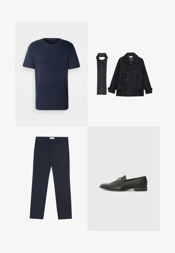 Casaco de lã preto com botões duplos e gola grande, combinado com um colete acolchoado preto sem mangas com fecho de correr.; T-shirt de algodão azul marinho de mangas curtas com um decote redondo e um pequeno logótipo bordado no peito. Textura suave, ajuste padrão.; Chinos azul-marinho feitos de algodão com uma textura suave, apresentando um fecho de correr, passantes para cinto e bolsos laterais para funcionalidade.; Sapatilha de couro preta com um acabamento suave, apresentando um design cosido e um detalhe decorativo de corrente de metal atravessando o peito do pé. Salto baixo.