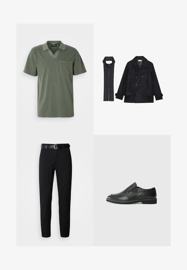 Zwarte wollen peacoat met dubbele knopen en grote kraag, gecombineerd met een mouwloze zwarte gewatteerde vest met ritssluiting.; Olijfgroene korte mouwen polo met een V-hals, borstzak en een zachte katoenen textuur. Minimalistisch ontwerp met strakke lijnen.; Zwarte broek met een rechte snit, voorzien van een zachte textuur en een zwarte leren riem met een zilveren gesp. Eenvoudig ontwerp, zonder patronen of accenten.; Zwarte leren instapper met een soepele bovenkant, gestikte accenten, ronde neus en een lage rubberen hak. De zool heeft minimale profiel.