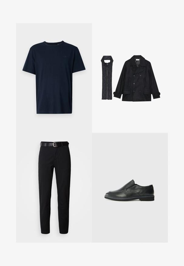 Črn volnen plašč z dvojnimi gumbi in velikim ovratnikom, v kombinaciji z brezrokavnikom iz črnega prešitega materiala z zadrgo.; Temno modra majica s kratkimi rokavi iz mehkega materiala z okrnjeno ovratnikom, na prsih pa je natisnjen majhen logo in leto "1962".; Črne hlače ravnega kroja, z gladko teksturo in črnim usnjenim pasom s srebrno spono. Preprost dizajn, brez vzorcev ali poudarkov.; Črne usnjene natikače z gladkim zgornjim delom, prišitimi detajli, zaobljenim nosom in nizkim gumijastim petkom. Podplat ima minimalen profil.