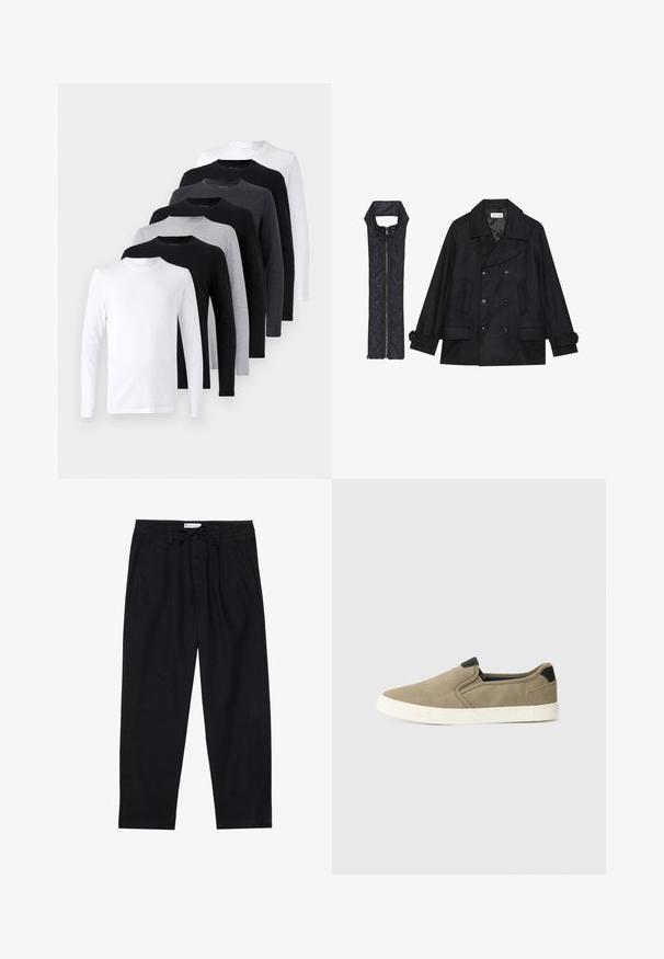Schwarzer wollener Peacoat mit doppelt geknöpften Knöpfen und großem Kragen, kombiniert mit einer ärmellosen schwarzen gesteppte Weste mit Reißverschluss.; Langarm-T-Shirt-Set in Schwarz, Weiß und Grau. Aus Baumwollmaterial, mit Rundhalsausschnitt, glatter Textur ohne Muster oder Akzente.; Pier One Chino - black; Taupe Schlupfschuhe mit einer strukturierten Stoffoberfläche, kontrastierendem schwarzen Absatz und weißer Gummisohle. Perforiertes Design für Atmungsaktivität.