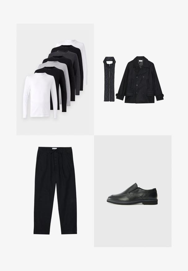 Černý vlněný kabát s dvojitými knoflíky a velkým límcem, doplněný bezrukávovou černou prošívanou vestou se zapínáním na zip.; Sada triček s dlouhým rukávem v černé, bílé a šedé barvě. Bavlněný materiál, kulatý výstřih, hladká textura bez vzorů nebo akcentů.; Pier One Chino kalhoty - black; Černá kožená nazouvací bota s hladkým svrškem, prošívanými detaily, zaoblenou špičkou a nízkým gumovým podpatkem. Podešev má minimální vzorek.