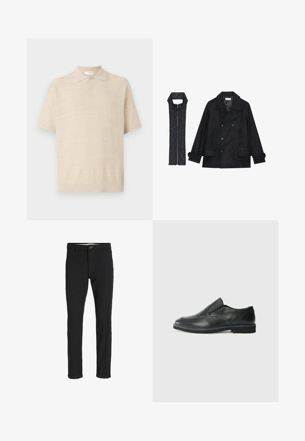 Fekete gyapjú peacoat dupla gombolással és nagy gallérral, melyet egy ujjatlan fekete steppelt mellénnyel párosítanak, amely cipzárral záródik.; Beige kötött pólóing, gallérral, rövid ujjal és texturált vízszintes mintázatokkal. Két gomb a nyaknál. Puha anyag.; Fekete pamut keverék nadrág, slim fit szabással, gombos záródással, zsebekkel és felgöngyölt szárakkal a laza végeredményért.; Fekete bőr, slip-on cipő sima felsőrésszel, varrott díszítéssel, lekerekített orral és alacsony gumitalppal. A talpa minimális bordázattal rendelkezik.