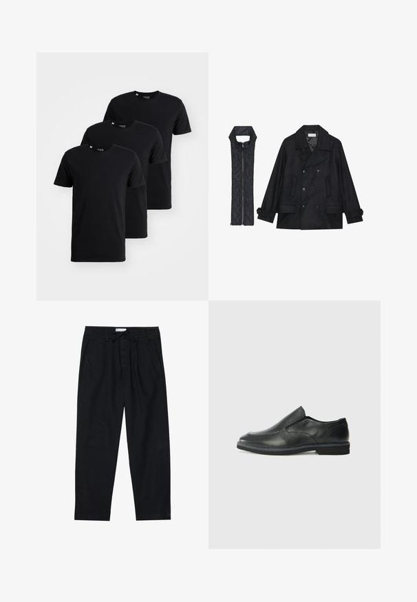 Casaco de lã preto com botões duplos e gola grande, combinado com um colete acolchoado preto sem mangas com fecho de correr.; Três t-shirts de algodão pretas apresentadas em uma disposição empilhada. Cada uma possui um decote redondo e mangas curtas com uma textura suave.; Pier One Chinos - black; Sapato slip-on preto em pele com um upper liso, acabamentos cosidos, bico arredondado e um salto de borracha baixo. A sola apresenta um padrão de aderência mínimo.