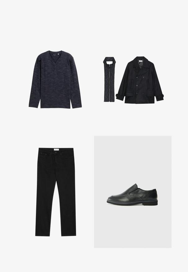Schwarzer wollener Peacoat mit doppelt geknöpften Knöpfen und großem Kragen, kombiniert mit einer ärmellosen schwarzen gesteppte Weste mit Reißverschluss.; Langärmliges, dunkelblaues Henley-Shirt mit strukturiertem Muster, V-Ausschnitt und Knopfleiste mit drei Knöpfen. Weicher Stoff.; Schwarze gerade Jeans mit Fünf-Taschen-Design, Knopf- und Reißverschluss, und einem Pier One-Label am Bund.; Schwarze Leder-Slipper mit glattem Obermaterial, gesteppten Akzenten, runder Zehenpartie und niedrigem Gummiabsatz. Die Sohle hat ein minimales Profil.
