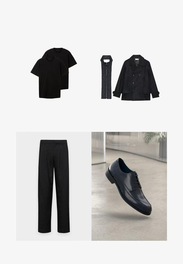 Fekete gyapjú peacoat dupla gombolással és nagy gallérral, melyet egy ujjatlan fekete steppelt mellénnyel párosítanak, amely cipzárral záródik.; Fekete pamut pólók, kerek nyakkivágással, rövid ujjakkal, laza fit, kis logóval az alsó bal oldalon, két darabos szettben kapható.; Fekete nadrág sima anyagból, egyenes szárú fazonnal, két elülső redővel és közönséges derékkal, övhurkokkal.; Fényes fekete bőrcipő fűzőkkel, lebeg egy sima, világosszürke padló felett, háttérben függő fémboltokkal.