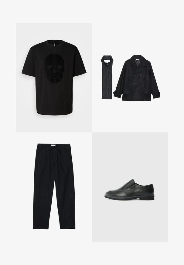 Czarna wełniana peacoat z podwójnymi guzikami i dużym kołnierzem, zestawiona z bezrękawnym czarnym pikowanym kamizelką z zamkiem błyskawicznym.; Czarna bawełniana koszulka z krótkim rękawem z teksturowanym czarnym wzorem czaszki na przodzie. Okrągły dekolt; prosty krój na dole.; Pier One - Chinosy; Czarne skórzane buty wsuwane z gładką cholewką, przeszyciami, okrągłym noskiem i niskim gumowym obcasem. Podeszwa ma minimalny bieżnik.