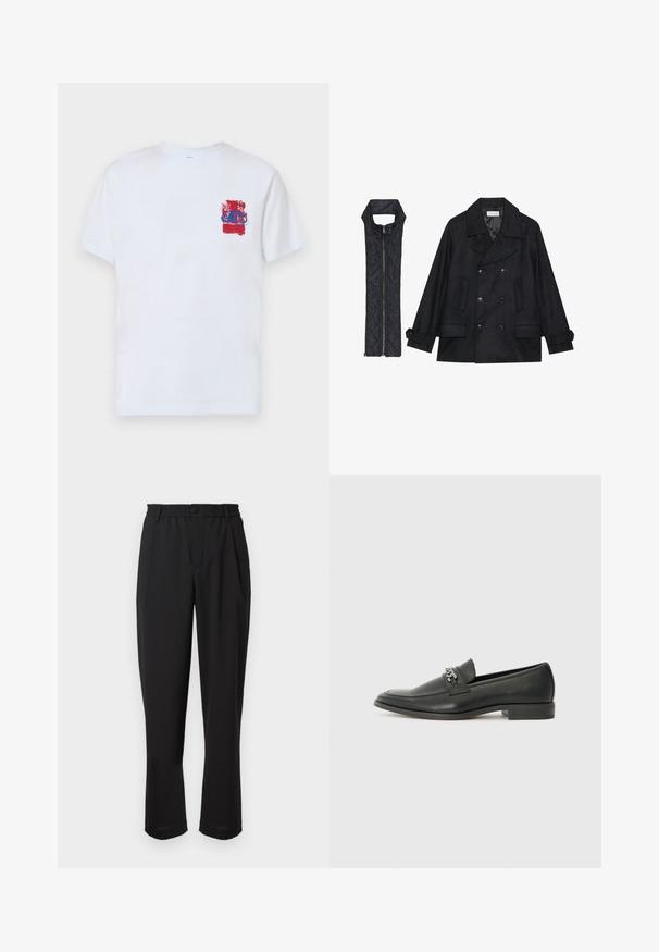 Mustast villast peacoat, millel on topelt nööbid ja suur krae, koos musta ilma varrukateta tikkimisega vestiga, millel on lukuga sulgemine.; Valge lühikese varrukaga T-särk, mille vasaku rinnaosa kaunistab erksavärviline graafiline disain punastes ja sinistes toonides, sisaldades abstraktseid kujundeid ja mustreid.; Mustad püksid elastse vöökohtaga, nööbikinnitusega ja sirge lõikega. Sile kangas, ilma nähtavate mustrite või aktsentideta.; Must haveate nahkking punased, millel on sile viimistlus, tikitud muster ja dekoratiivne metallkett vampi üle. Tasane konts.