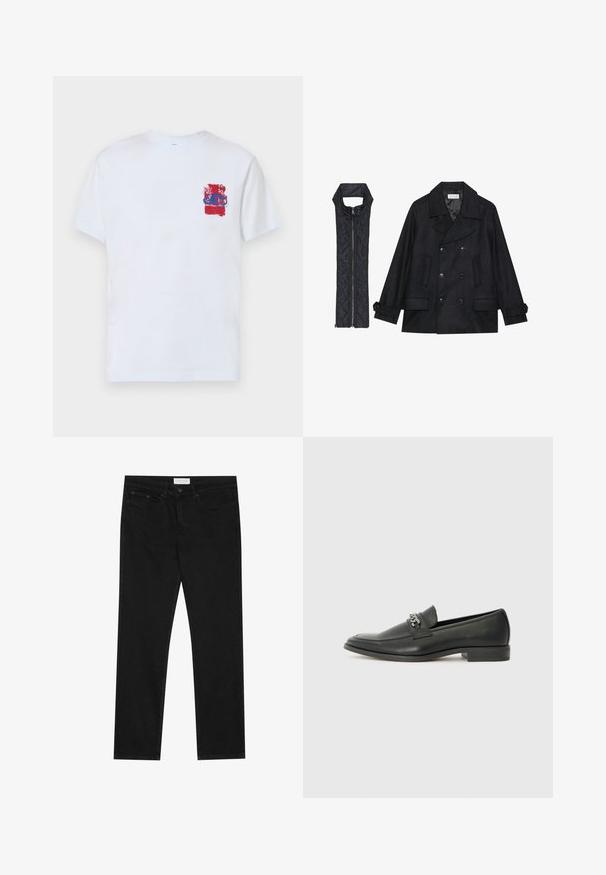 Čierny vlnený peacoat s dvojradovým zapínaním a veľkým golierom, skombinovaný s čiernou prešívanou vestou bez rukávov s rázporkom na zips.; Biely tričko s krátkym rukávom s farebným grafickým dizajnom v červenej a modrej farbe na ľavej strane hrudníka s abstraktnými tvarmi a vzormi.; Čierne džínsy rovného strihu s piatimi vreckami, zapínanie na gombík a zips a s etiketou značky Pier One na páse.; Čierne kožené loafers s hladkým povrchom, s prešitým dizajnom a dekoratívnym kovovým reťazovým akcentom cez priehlavok. Plochý podpätok.