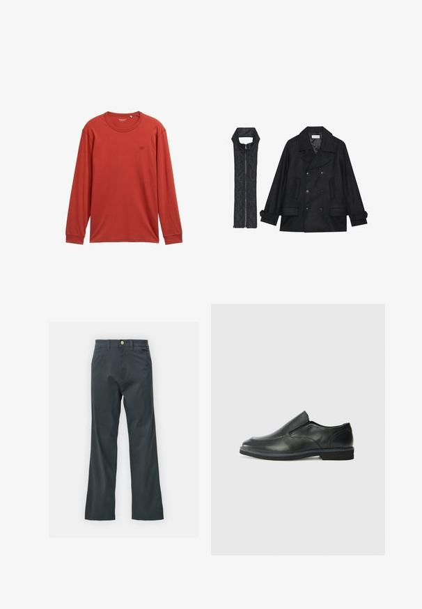 Črn volnen plašč z dvojnimi gumbi in velikim ovratnikom, v kombinaciji z brezrokavnikom iz črnega prešitega materiala z zadrgo.; Majica s dolgimi rokavi v umirjeni rdeči barvi, izdelana iz mehkega materiala. Ima okroglo izreza in majhen logotip na prsih. Redna prileganja.; Črne hlače s ravnim krojem, izdelane iz mešanice bombaža. Imajo kovinsko zaponko in stranske žepe. Brez vidnih vzorcev.; Črne usnjene natikače z gladkim zgornjim delom, prišitimi detajli, zaobljenim nosom in nizkim gumijastim petkom. Podplat ima minimalen profil.