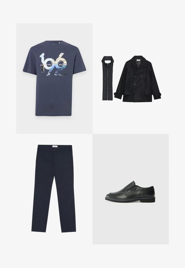 Casaco de lã preto com botões duplos e gola grande, combinado com um colete acolchoado preto sem mangas com fecho de correr.; T-shirt de algodão azul marinho com estampas gráficas ousadas apresentando os números "1962" e o texto da marca, mangas curtas e decote redondo.; Chinos azul-marinho feitos de algodão com uma textura suave, apresentando um fecho de correr, passantes para cinto e bolsos laterais para funcionalidade.; Sapato slip-on preto em pele com um upper liso, acabamentos cosidos, bico arredondado e um salto de borracha baixo. A sola apresenta um padrão de aderência mínimo.