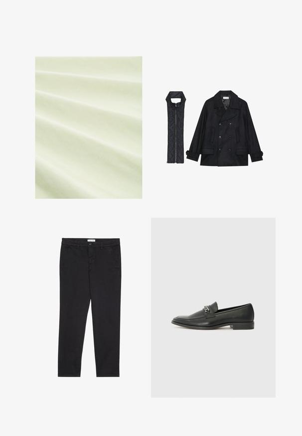 Abrigo de lana negra con botones de doble fila y gran cuello, combinado con un chaleco negro acolchado sin mangas con cierre de cremallera.; Tela verde clara con una textura suave, que muestra pliegues superficiales. El material parece ligero y ligeramente reflectante bajo una luz suave.; Pantalones de algodón negro con corte slim, que presentan dos bolsillos laterales y un cierre frontal con botón. Tejido texturizado con detalles sutiles.; Mocasín de cuero negro con un acabado suave, que cuenta con un diseño de costura y un acento decorativo de cadena de metal en el empeine. Tacón plano.