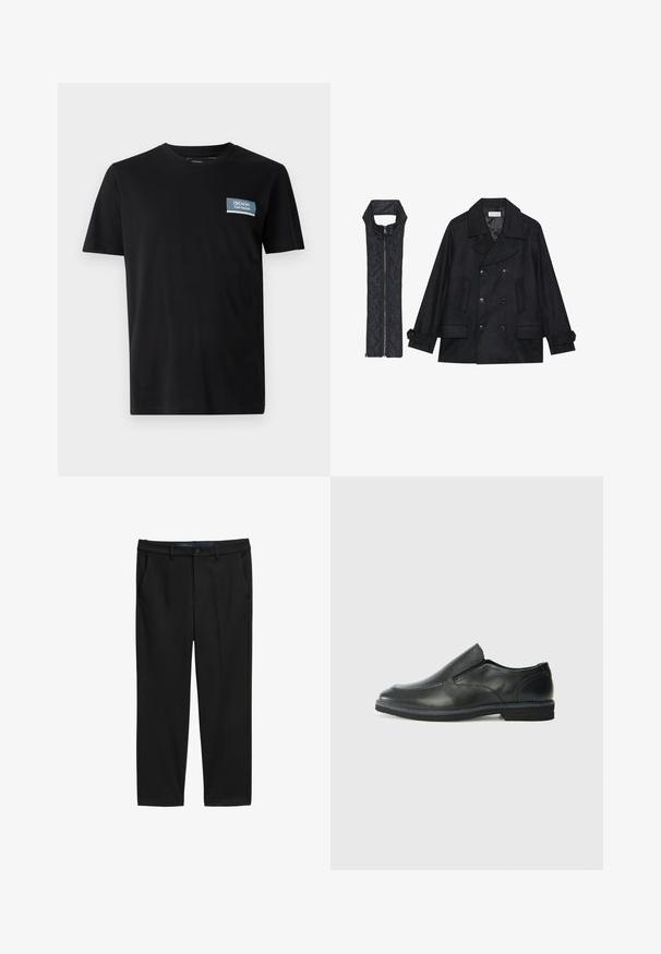 Sort uld peacoat med dobbeltradede knapper og stor krave, parret med en ærmeløs sort quiltet vest med lynlås.; Sort kortærmet t-shirt lavet af blødt stof, med et blåt rektangulært mærke med teksten "DENIM TOM TAILOR" på venstre bryst.; Sorte bukser med lige snit, lavet af tekstureret stof. Har to forlommer og en knaplukning i taljen.; Sorte læder slip-on sko med en glat overdel, syede detaljer, rund tå og en lav gummihæl. Sålen har minimal profil.