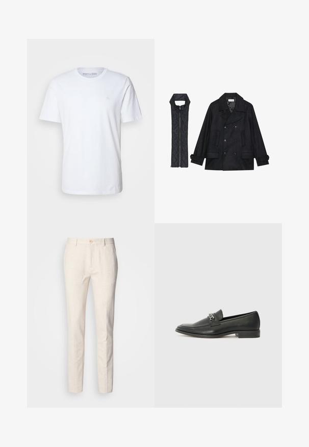 Crni vuneni kaput s dvostrukim kopčanjem i velikim ovratnikom, uparen s crnim bezrukavnim jaknom od mrežastog materijala sa zatvaračem na patent.; Bijela majica s kratkim rukavima napravljena od pamuka. Ima okrugli izrez i mali vezeni logo na lijevoj strani prsnog dijela.; Svijetlo bež, krojene hlače napravljene od mekanog materijala. Imaju kopčanje na dugme, petlje za remen i uski, ravni kroj s minimalnom teksturom.; Crna kožna loafer cipela s glatkom finišem, s ušivenim uzorkom i dekorativnim metalnim lancem preko prednjeg dijela. Ravni potplat.