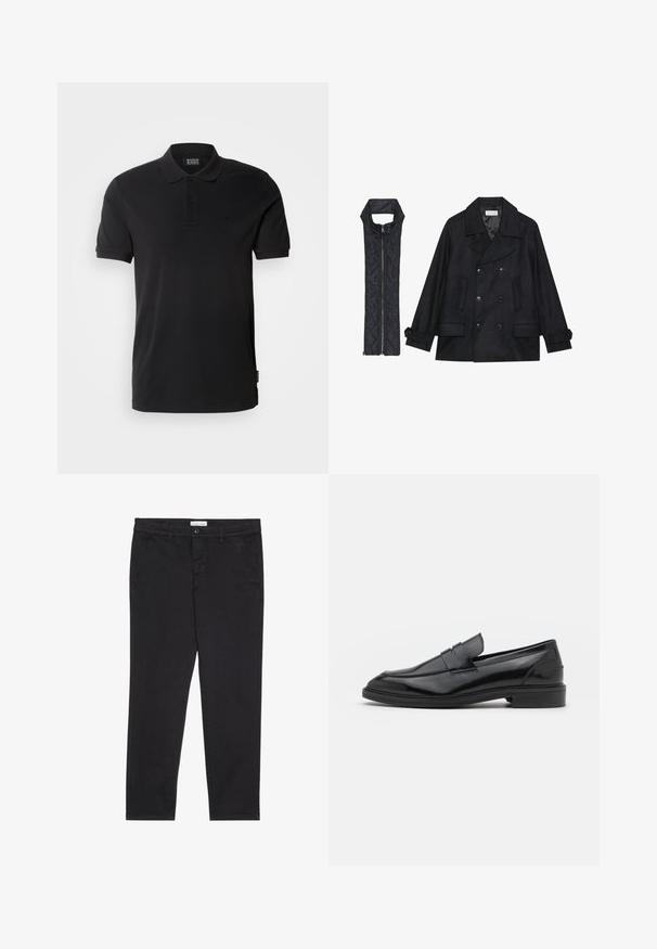 Črn volnen plašč z dvojnimi gumbi in velikim ovratnikom, v kombinaciji z brezrokavnikom iz črnega prešitega materiala z zadrgo.; Črna polo majica iz bombaža, ki ima klasičen ovratnik, tri gumbe na zadrgo, kratke rokave in subtilen logo na prsih.; Črne bombažne hlače s slim fit krojem, z dvema stranskima žepoma in sprednjim gumbom za zapiranje. Teksturirano blago z nežnimi detajli.; Črne usnjene loafersice z gladko površino, s zaobljenim prstom in ozkim pasom čez zgornji del. Nizek zložen petek.