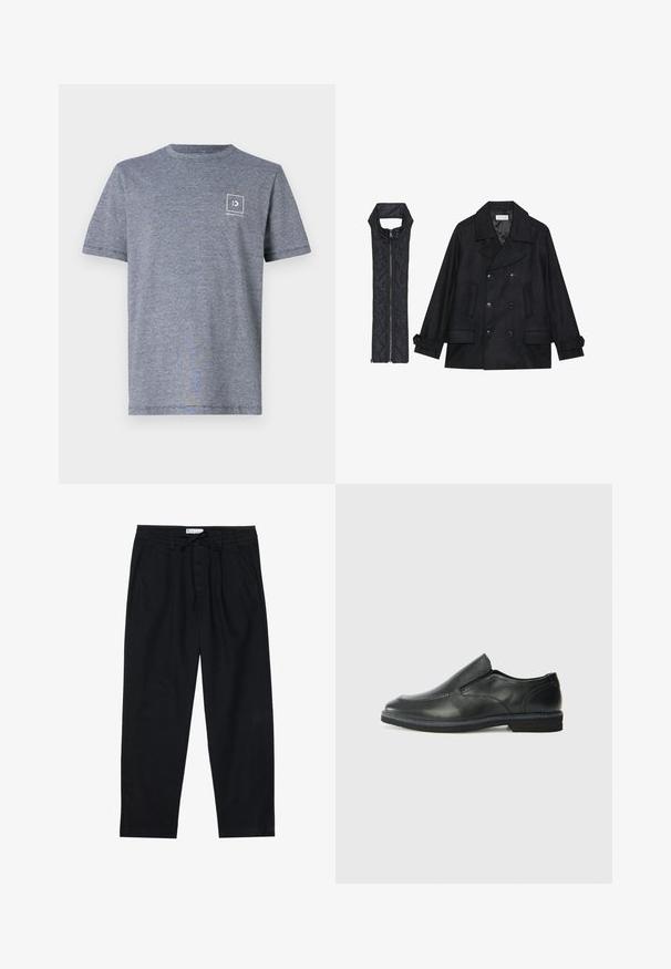 Mustast villast peacoat, millel on topelt nööbid ja suur krae, koos musta ilma varrukateta tikkimisega vestiga, millel on lukuga sulgemine.; Hallhalline lühikeste varrukatega t-särk, mis on valmistatud puuvilla segakangast, millel on ruudukujuline logo vasakul ülal rinnal ja ümmargune kaelus.; Pier One Chino-püksid - black; Must musta laia suuga king, millel on sile ülemine osa, õmmeldud detailid, ümmargune nina ja madal kummist konts. Tallal on minimaalne mustr.